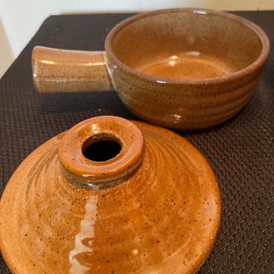 Brown stoneware soup and pitcher