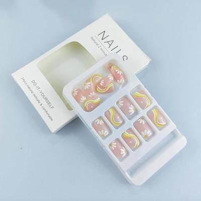 AA - Short Press on Nails Square Fake Nails Nude Glue on Nails Cute False Nails Spring White Flower Nails Press on Yellow Curve Designs...