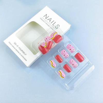 X - Cute Flower Press on Nails Short Fake Nails Square Glue on Nails Pink Red False Nails Daisy Curve Nails Press on Glossy Stick on...