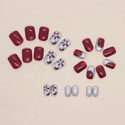 U - 24Pcs Square Press on Nails Short False Nails Glitter Hypotenuse Designs False Nails with Cute Flower Acrylic Glue on Nails Glossy...