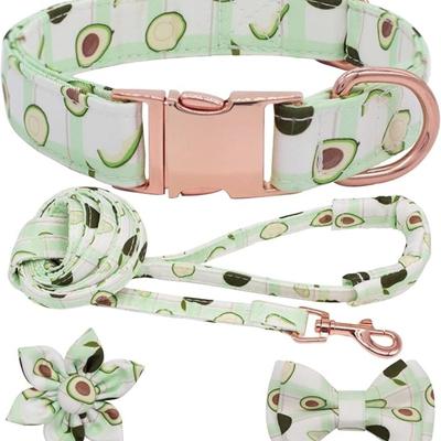 Sale Photo Thumbnail #904: Size medium - see size chart

Size Medium Green & White Stripe Avocado Printed Dog Collar w/Matching Leash, Bowtie & Flower Rose Gold Hardware