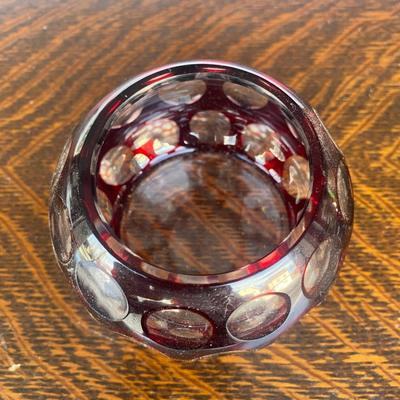 Vintage Bohemian Cranberry Glass Covered Bowl With Lid Cut To Clear Trinket Jar