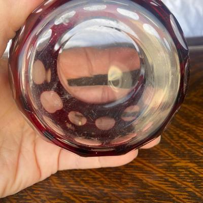 Vintage Bohemian Cranberry Glass Covered Bowl With Lid Cut To Clear Trinket Jar