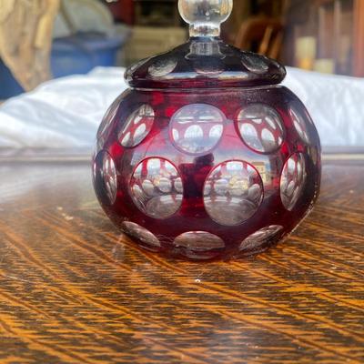 Vintage Bohemian Cranberry Glass Covered Bowl With Lid Cut To Clear Trinket Jar