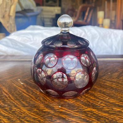 Vintage Bohemian Cranberry Glass Covered Bowl With Lid Cut To Clear Trinket Jar