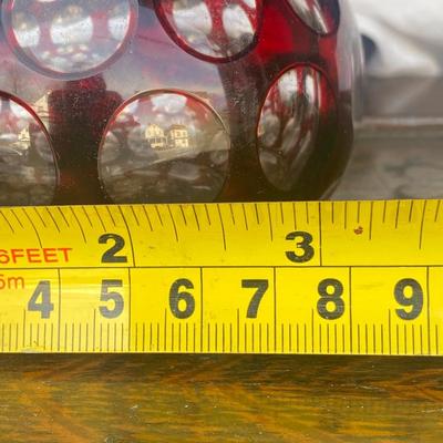Vintage Bohemian Cranberry Glass Covered Bowl With Lid Cut To Clear Trinket Jar