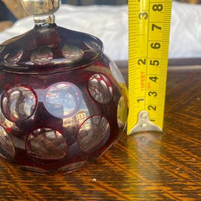 Vintage Bohemian Cranberry Glass Covered Bowl With Lid Cut To Clear Trinket Jar