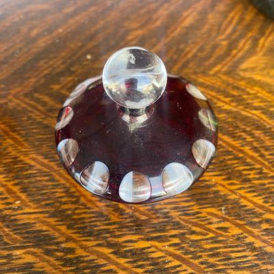 Vintage Bohemian Cranberry Glass Covered Bowl With Lid Cut To Clear Trinket Jar