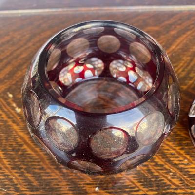 Vintage Bohemian Cranberry Glass Covered Bowl With Lid Cut To Clear Trinket Jar