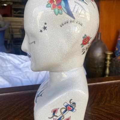 Traditional Tattooed Phrenology Head Bust