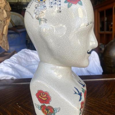 Traditional Tattooed Phrenology Head Bust