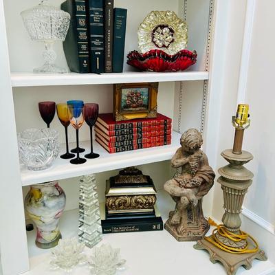 Shelf Contents - Original Art, Goofus Glass, books, Statue, stemware, lamp, Crystal