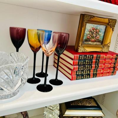 Shelf Contents - Original Art, Goofus Glass, books, Statue, stemware, lamp, Crystal
