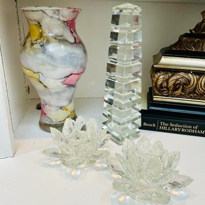 Shelf Contents - Original Art, Goofus Glass, books, Statue, stemware, lamp, Crystal