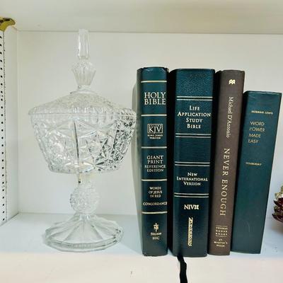 Shelf Contents - Original Art, Goofus Glass, books, Statue, stemware, lamp, Crystal
