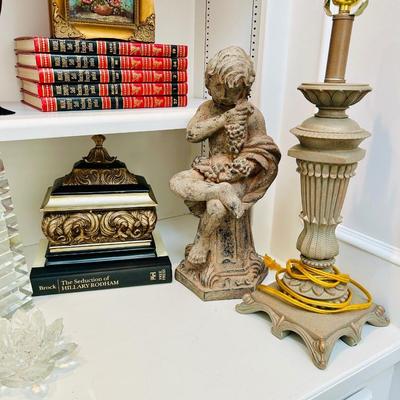 Shelf Contents - Original Art, Goofus Glass, books, Statue, stemware, lamp, Crystal