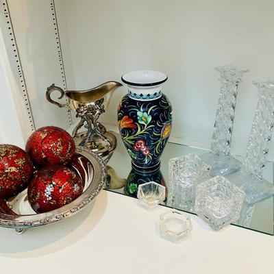 Shelf Contents - including candles, art, crystal & vintage plaster statue of Mary