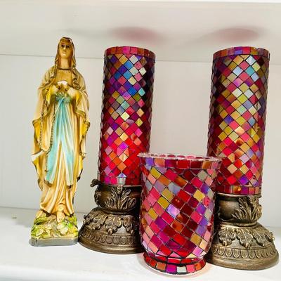 Shelf Contents - including candles, art, crystal & vintage plaster statue of Mary