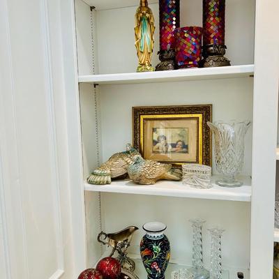 Shelf Contents - including candles, art, crystal & vintage plaster statue of Mary