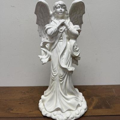 Glossy White Ceramic Wide Winged Angel Statue Religious Figure