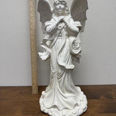 Glossy White Ceramic Wide Winged Angel Statue Religious Figure