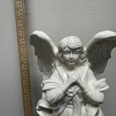 Glossy White Ceramic Wide Winged Angel Statue Religious Figure