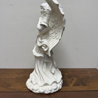 Glossy White Ceramic Wide Winged Angel Statue Religious Figure
