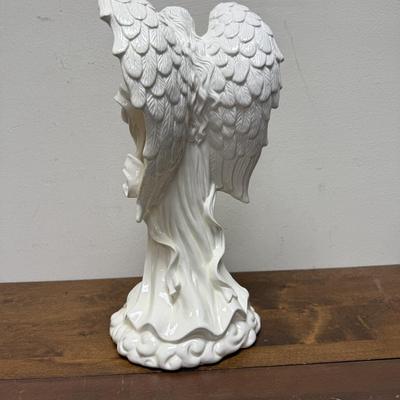 Glossy White Ceramic Wide Winged Angel Statue Religious Figure