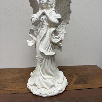 Glossy White Ceramic Wide Winged Angel Statue Religious Figure