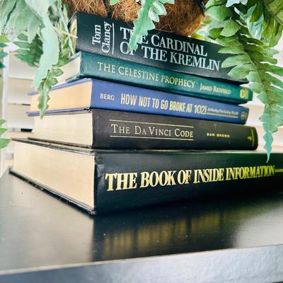 Black Bookcase with printers and Decor including Green glass , printers & more