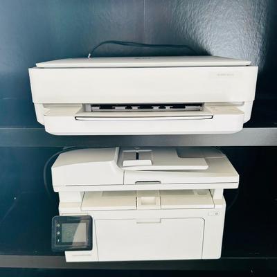 Black Bookcase with printers and Decor including Green glass , printers & more