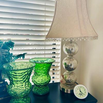 Black Bookcase with printers and Decor including Green glass , printers & more