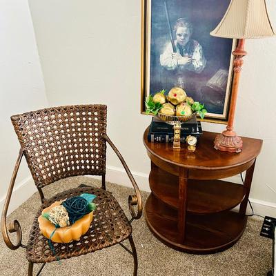 End table lot w/ Cane & Metal chair., clocks, art, and decor