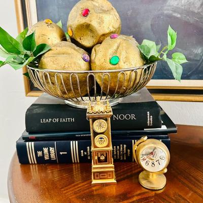 End table lot w/ Cane & Metal chair., clocks, art, and decor