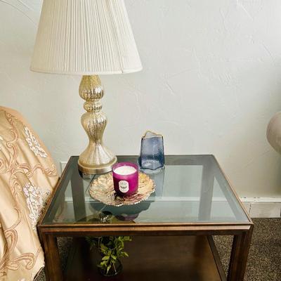 Glass & Wood End table lot - with Lamp, candle & decor