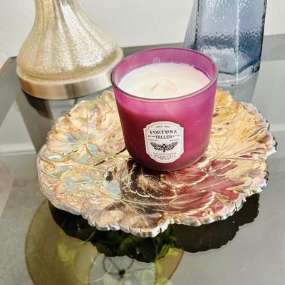 Glass & Wood End table lot - with Lamp, candle & decor