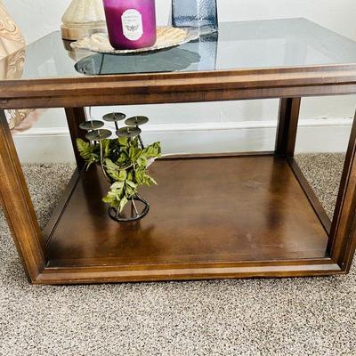 Glass & Wood End table lot - with Lamp, candle & decor