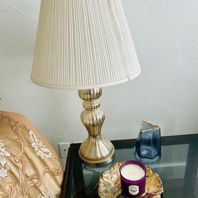Glass & Wood End table lot - with Lamp, candle & decor
