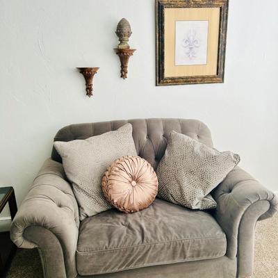 Grey Velveteen Chair Lot w Pillows, picture, & sconces