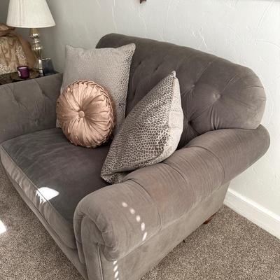 Grey Velveteen Chair Lot w Pillows, picture, & sconces
