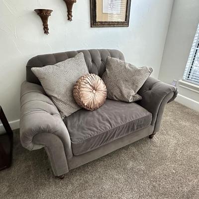 Grey Velveteen Chair Lot w Pillows, picture, & sconces