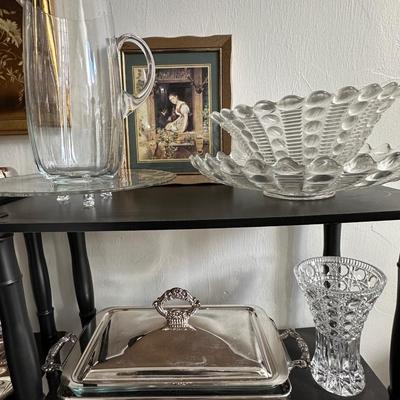 Black shelves, Lenox, crystal & silver plate lot