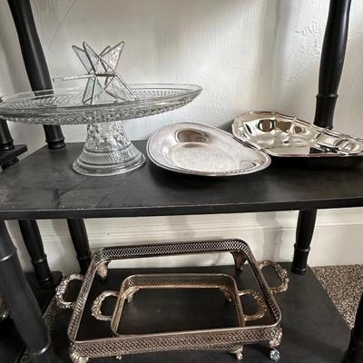 Black shelves, Lenox, crystal & silver plate lot