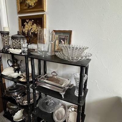 Black shelves, Lenox, crystal & silver plate lot