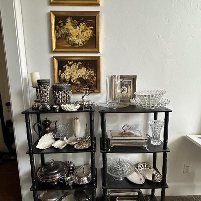 Black shelves, Lenox, crystal & silver plate lot