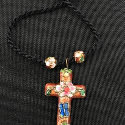 Floral Cloisonne Religious Cross Pendant On Black Rope Necklace.