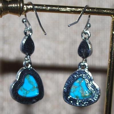 Blue + Green Jade Style HEART Setting Earrings Set ( 1" x ½") with Black Pear Shaped Stone Accent & Wire Hook Clasp