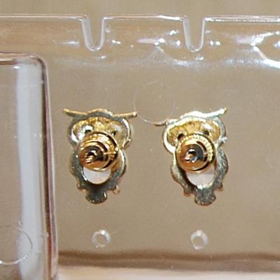 Black-Eyed OWLS with a Clear Round Stone Earrings (½" x ½") on a Gold Tone Stud Clasp