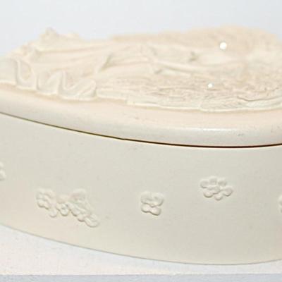 Marked "Angel Star ©2002" -- All White Angel "Heart Shaped" Jewelry "Wishing Box" Trinket Box with Embossed...