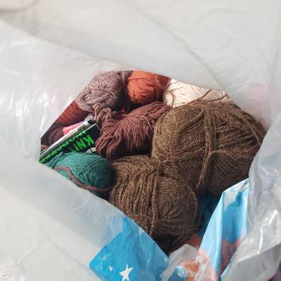 Two Tubs of Yarn and Knitting Supplies